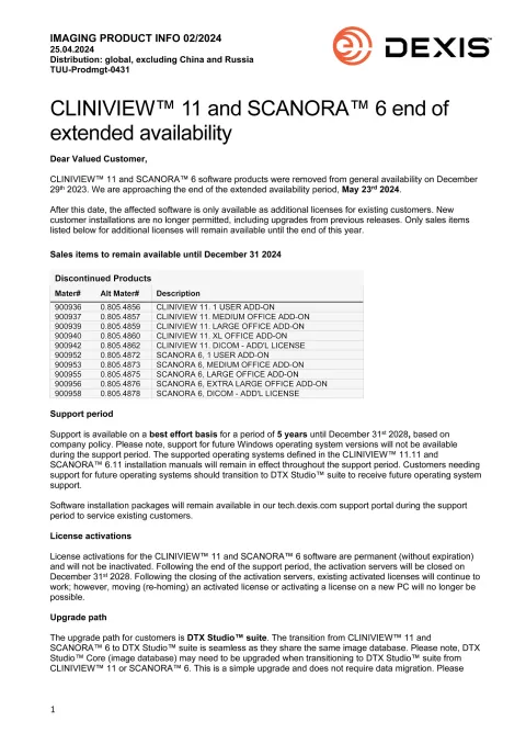 2024-02 CLINIVIEW 11 and SCANORA 6 end of extended availability