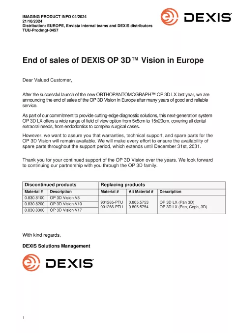 2024-04 DEXIS product info OP 3D Vision end of sales Europe