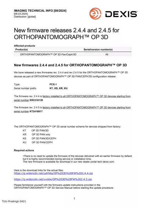 08-2024 New firmware 2.4.4 and 2.4.5 for ORTHOPANTOMOGRAPH™ OP 3D